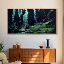 Cargar imagen en el visor de la galería, Fantasy Forest with Temple Steps, Wall Decor, Ready To Hang Framed Canvas Print, Oversize Wall Art