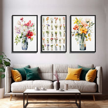 Carregar imagem no visualizador da galeria, 3 Piece Set, Cute Kawaii Floral Print, Flowers In Vases, Framed Wall Art, Canvas Print, Botanical Wall Decor, Dried Flower Large Triptych