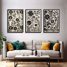 Load image into Gallery viewer, Black and White Floral Print, 3 Piece Framed Canvas Art, Boho Rustic Farmhouse Decor, Living Room Art, Minimalist Wall Art