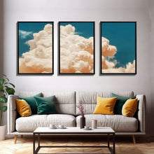 Load image into Gallery viewer, Clouds On Canvas, Framed Wall Art Set of 3 Pastel Cloud Navy Blue Sky Nature Landscape Prints Minimalist Modern Art Nature Wall Decor
