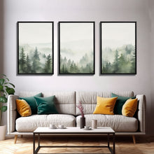 Carregar imagem no visualizador da galeria, Framed Canvas Wall Art Set of 3 Emerald Green Pine Tree Mountain Range Nature Landscape Prints Minimalist Modern Art Woodland Nursery Decor