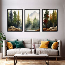 Carregar imagem no visualizador da galeria, 3 Panel Framed Canvas Print Wall Art Set of 3 Emerald Green Mountain Forest Lake Landscape Minimalist Modern Art Nature Wall Decor Pine Tree