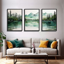 Carregar imagem no visualizador da galeria, 3 Panel Framed Canvas Print Wall Art Set of 3 Emerald Green Mountain Forest Lake Landscape Minimalist Modern Art Nature Wall Decor Pine Tree