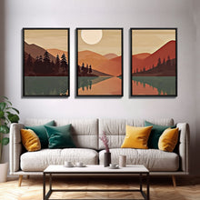 Load image into Gallery viewer, Boho Wall Art Prints, 3 Panel Canvas Art, Pacific Northwest Sunset, Boho Wall Art Set Minimalist Modern Mid Century Abstract Forest Wall Art