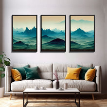 Load image into Gallery viewer, Emerald green rolling hills, fantasy mountains, 3 piece wall art, 3 piece canvas print, cool home wall decor