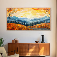 Load image into Gallery viewer, Beautiful Fall Decor Centerpiece Framed Canvas Print, Autumn Decor, Fall Wall Art, Above Mantle Wall Art, Stained Glass Style