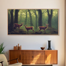 Load image into Gallery viewer, Does in a majestic forest, whitetail deer art, framed canvas print, ready to hang framed wall art