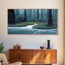 Carregar imagem no visualizador da galeria, Cabin art, snow covered winter forest, winter vacation home art, framed canvas print, ready to hang framed wall art