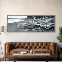 Carregar imagem no visualizador da galeria, Driftwood, Panoramic Framed Canvas Print, Pacific Northwest / Washington State Driftwood Washed Up On The Shore, Extra Wide Format Art