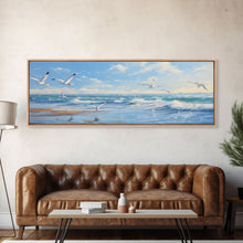Load image into Gallery viewer, Blue Beach, Ocean Waves & Seagulls Panoramic Framed Canvas Print - Perfect for Living Room, Bedroom, Office Decor