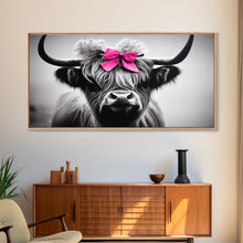 Cargar imagen en el visor de la galería, Cute Highland Cow wearing a Bow, Pink Bow on a Cute Cow, framed canvas print, black and white farmhouse cow art