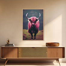 Cargar imagen en el visor de la galería, Colorful farmhouse art, Highland cow, Scotland cattle, framed canvas print, pink cow
