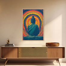 Cargar imagen en el visor de la galería, Colorful rainbow Buddha facing a ring of flowers, framed canvas print, yoga studio art
