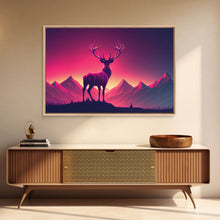 Load image into Gallery viewer, Beautiful stag and sunset, synthwave landscape art, framed canvas print, nature print, pastel and pink art