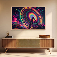 Cargar imagen en el visor de la galería, Colorful boardwalk art, neon lit night time ferris wheel, framed canvas print, framed wall art