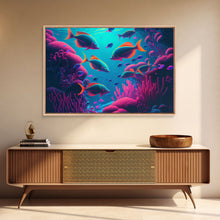 Load image into Gallery viewer, Coral Reef art, synthwave aesthetic ocean art, school of fish, framed canvas art, framed wall art canvas print
