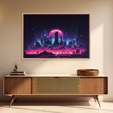 Load image into Gallery viewer, Cyberpunk city skyline superimposed over a sunset, synthwave style dystopian art, framed canvas print