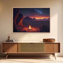 Load image into Gallery viewer, Watercolor of a prehistoric campfire, primitive art, framed canvas print