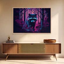 Carregar imagem no visualizador da galeria, Cute racoon in the forest, vaporwave aesthetic animal art, framed canvas print, colorful animal art