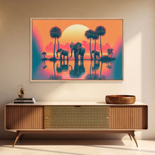 Load image into Gallery viewer, Sun beading down on a family of Elephants, framed canvas print