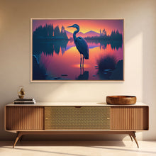 Carregar imagem no visualizador da galeria, A stork standing in a calm lake at sunset, framed canvas print