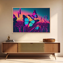 Load image into Gallery viewer, Beautiful turquoise butterfly art, vaporwave aesthetic pastel art, framed canvas print, synthwave art