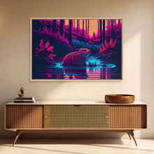 Load image into Gallery viewer, Cute beaver in a river, pink vaporwave art, animal prints, framed canvas print, framed wall art
