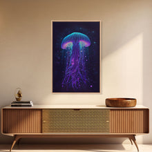 Carregar imagem no visualizador da galeria, Bioluminescent Jellyfish against a Starry night sky, Cosmic Jelly Fish, Framed Canvas Print, synthwave style art