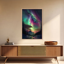 Carregar imagem no visualizador da galeria, Aurora Borealis, Northern Lights Art, framed canvas print, snow capped mountain landscape art