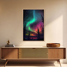 Carregar imagem no visualizador da galeria, Aurora Borealis, Northern Lights Art, framed canvas print, snow capped mountain landscape art