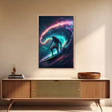 Load image into Gallery viewer, Astronaut surfing the stars, Cosmic Surfer, Galaxy Art, framed canvas print, unique colorful wall art