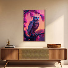 Load image into Gallery viewer, Cyberpunk Robot Owl, framed canvas print, Cybernetic android owl art, vaporwave aesthetic futuristic art