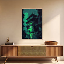 Load image into Gallery viewer, Cyberpunk Dystopian Emerald Green Town City Background Fine Art Print, Wall Decor, Wall Poster, Wall Art Print