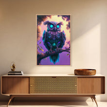 Load image into Gallery viewer, Cyberpunk Robot Owl, framed canvas print, Cybernetic android owl art, vaporwave aesthetic futuristic art