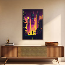 Load image into Gallery viewer, Cyberpunk art, Retrowave style dystopian cityscape art, game room art, framed canvas print, retro wave city skyline