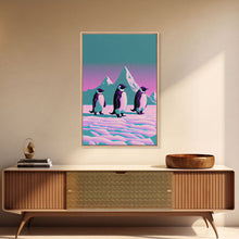 Load image into Gallery viewer, Retrowave Penguins in the Arctic, synthwave style wall art, Antarctica art, framed canvas print, cute animal prints