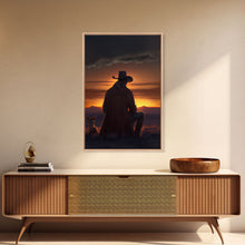 Carregar imagem no visualizador da galeria, A cowboy and his horse at sunset, framed canvas art, canvas print, western decor, farmhouse art
