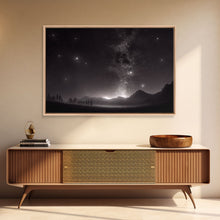 Load image into Gallery viewer, Black and white Watercolor of a starry night sky over a pine forest, framed canvas print