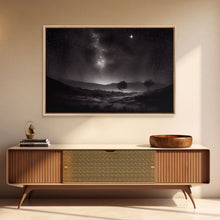 Load image into Gallery viewer, Black and white Watercolor of a starry night sky over the planes of Texas, framed canvas print