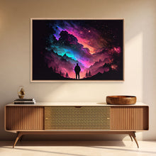 Cargar imagen en el visor de la galería, Contemplating the Universe, retro style space art, framed canvas print, synthwave space decor