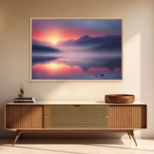 Cargar imagen en el visor de la galería, Foggy Sunset Over a Pine Forest and Lake, Fall Tones, Wall Decoration, Framed Canvas Print, cool wall art, minimalist boho wall art