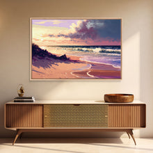 Load image into Gallery viewer, Boho Style Whimsical Beach Art, Framed Canvas Print, Minimalist Modern Farmhouse Decor, Pink Sunset Sky over the beach