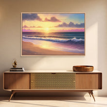 Load image into Gallery viewer, Boho Style Whimsical Beach Art, Framed Canvas Print, Minimalist Modern Farmhouse Decor, Pink Sunset Sky over tide rolling in