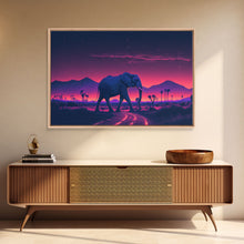 Load image into Gallery viewer, Elephant Art | Framed Canvas Print | Synthwave Style Framed Wall Art | Animal Prints | Elephant Walks Under A Full Moon | Kid's Room Decor