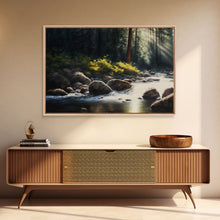 Carregar imagem no visualizador da galeria, A Rocky Stream, Watercolor Art, Serene nature landscape art, framed canvas print, mouth of the river in the morning light wall art