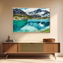 Load image into Gallery viewer, Watercolor painting canvas print of a mountain lake landscape, framed canvas print, framed wall art
