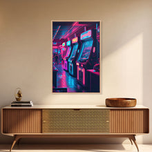 Cargar imagen en el visor de la galería, Game Room Decor, Framed Canvas Print, Synthwave Arcade, Boys Room, Gamer Gift, Gaming Wall Art, Video Game Posters, Teen Room