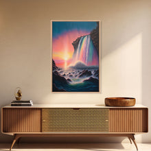 Carregar imagem no visualizador da galeria, A Mythical Waterfall and Rainbow pouring Into the ocean blue at sunset, framed canvas print