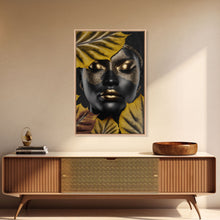 Load image into Gallery viewer, Beautiful Woman Art Framed Canvas Print Black Gold Woman Wall Art Lady Print, Gold Face Leaves Palm decor ready to hang Ethnic girl portrait
