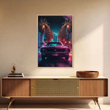 Load image into Gallery viewer, American Muscle Car on Sunset Strip, Retro Synthwave Art, Framed Canvas Print, Gift For Him, Muscle Car Art